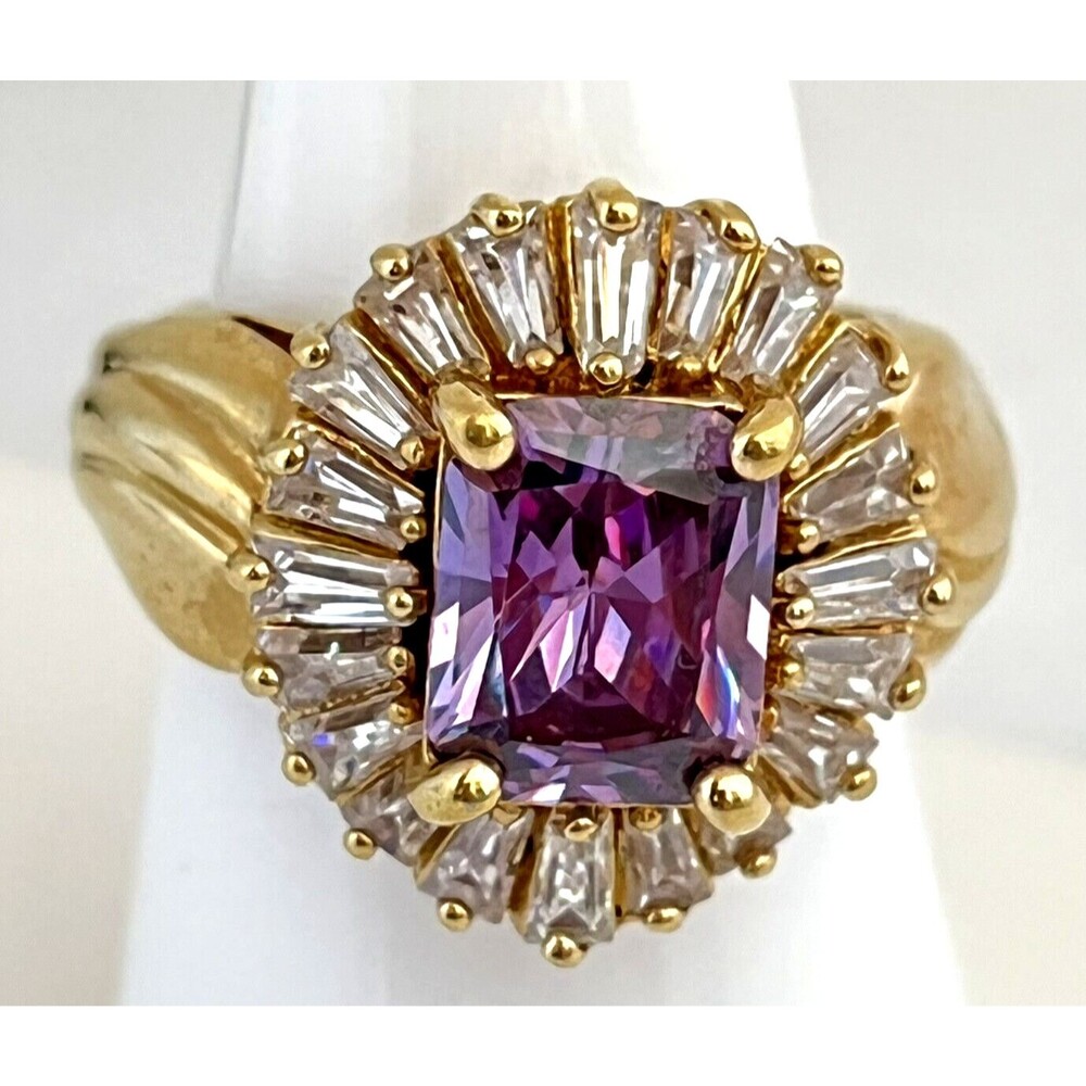 Vintage 1980s Uncas Purple CZ Halo Ring Size 8 Gold Plated Baguettes - 5C